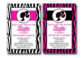 Custom Barbie Hot Pink White Zebra Print Birthday Party Invitations 