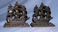 Two 1920s Metal Ship Bookends with Bronze Patina  