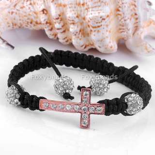   Crystal Disco Christian Cross Pave Woven Macrame Bracelet Friendship