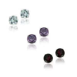   Silver Amethyst, Blue Topaz & Garnet Stud Earrings Set   6mm Jewelry
