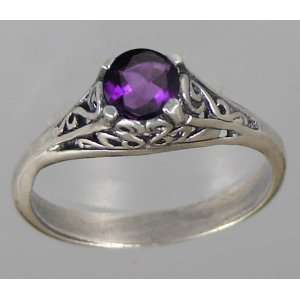  Sterling Silver Filigree Ring with Genuine Amethyst, 7 