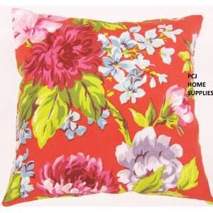 STUNNING BRIGHT RED BLUE GREEN FLORAL 100% COTTON 18 SHABBY CUSHION 