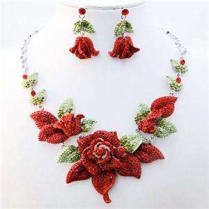 Red Flower Rose Necklace Earring Set Swarovski Crystal  