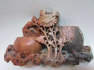  Chinese carved soapstone 2 vases & Flowers. fine detailed carving arts