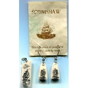 Genuine Scrimshaw Whale Tooth Earrings & Pendant 