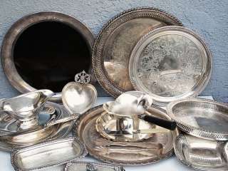 Big Lot Vintage Good & Junk Silver Plate Platters Trays Tongs Butter 