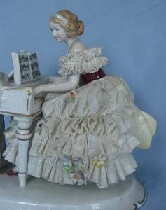 CONTINENTAL PORCELAIN LACE LADY AT PIANO C1950  