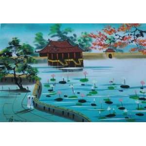 Vietnamese Silk Paintings   13 x 8.5 Lotus Pond   S504  