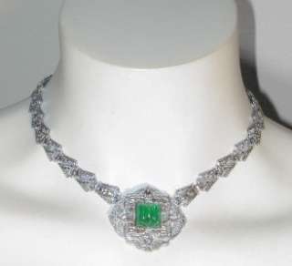 Vintage Art Deco Edwardian Rhodium Plated Filigree Molded Emerald 