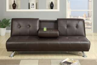   Faux Leather Futon Adjustable Sofa Bed w/ Fold down Cup Holders  