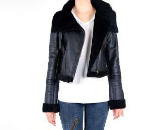  womens black real shearling fur leather mustang jacket coat S M