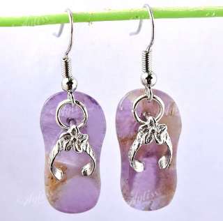   Purple Amethyst Gemstone Slipper Flower Bead Girl Dangle Hook Earrings