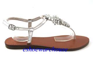 Silver Gorgeous Cutie Rhinestone T Strap Flat Thong Sandals Shoes 