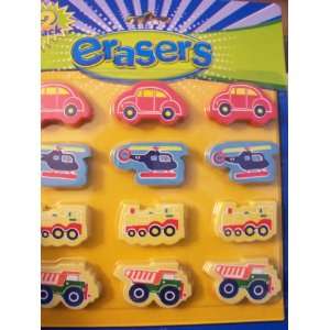  Shaped Erasers ~ Set of 12 (Cars, Helicopters, Trains 