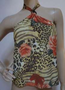 ST. JOHN SPORT Marie Gray Gorgeous Roses Leopard Knit Halter Top Sz M 