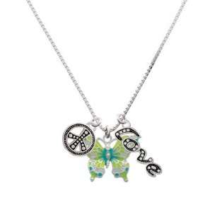   Large Lime Green & Blue Butterfly, Peace, Love Charm Necklace [Jewelry