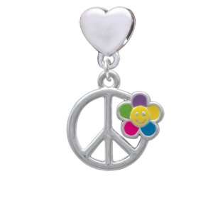 Large Multicolored Daisy on Peace Sign European Heart Charm Dangle 