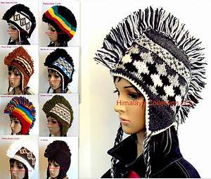 New Mohawk Hand Knit Wool Hats, Knitted Cap, Beanie, Winter Ski Sherpa 