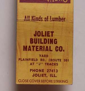 1940s Matchbook Building Material Lumber Yard Joliet IL  