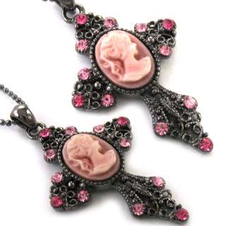 Classic Antique Style Pink Cameo Cross Pendant Necklace  
