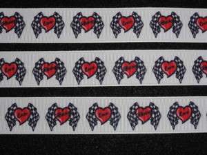   Checkered Flag Racing Hearts on White Grosgrain Ribbon for Bows Craft