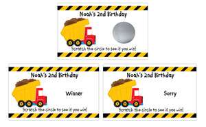 Construction Tonka Truck Birthday Party Favor Scratch Off Game Cards