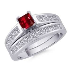  Square Ruby and Princess Diamond Ring in Sterling Silver 