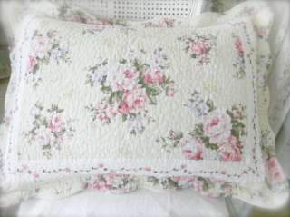 Full Queen Bed Quilt Set Shabby French Country Pink Roses & Periwinkle 