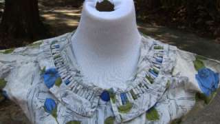   Vintage Novelty Blue Rose Cotton Summer House Dress Shirtwaist Buttons