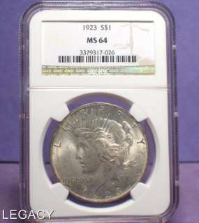 1923 P SILVER PEACE DOLLAR NGC MS 64 TONED (YP+  