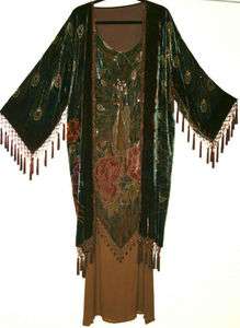   Duster Kimono Opera Coat Beaded Silk Burnout Velvet Brown Multi New