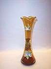 VINTAGE AMBER GLASS VASE WITH HAND PAINTED FLOWERS MADE IN JAPAN