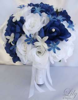   Bride Bouquet Flowers Decorations Package ROYAL BLUE WHITE  
