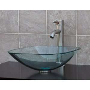 Thick clear Square Glass Vessel Sink + brushed nickel Faucet N3 