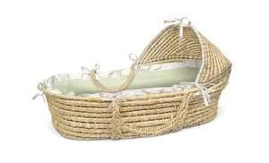 Badger Basket Natural Moses Basket with Hood   Sage Gingham Bedding 