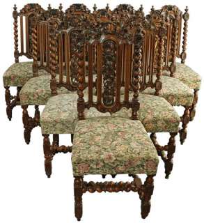 Antique 1880 French Oak Dining Chair Set/10, Hunting Style, Ornate 