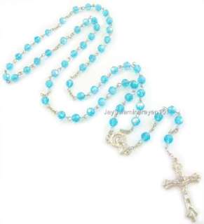 Blue AB Crystal Rosary Glass Beads Cross Necklace 28  
