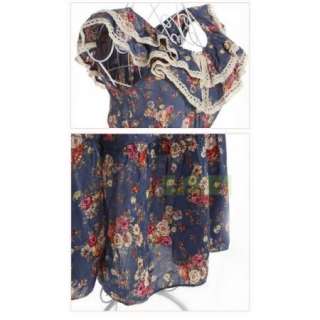   Girl Women Smart Shivering Flower Print Lace Collar Summer Long Dress