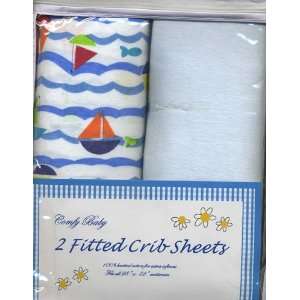 Comfy Baby 2 Fitted Crib Toddler Bed Sheets Light Blue/Sailboats Fish 
