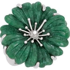  Silver Genuine Carved Russian Jadeite & Diamond Floral Ring Jewelry