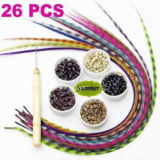 26 PCS Synthetic Feather 16 Hair Extension 13 Color Kit Tool Hook 