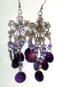Filigree Flower & Hearts Chandelier Dangling Abalone & Beads Earrings 