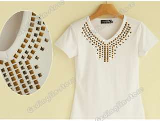 Womens Short Sleeve Summer Cotton V Neck Tops T Shirt Black/White S,M 