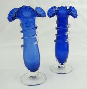Vintage Cobalt Blue Glass Vases Hand Blown Ruffle Clear Base Set 2 