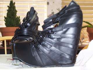   Campbell Lots of Buckles Wedge Black Leather Booties 7 Overseas Avail