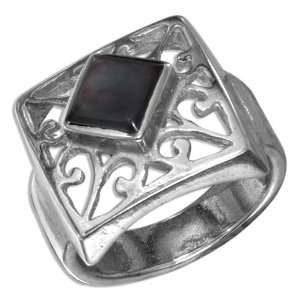    Sterling Silver Filigree Square Gray Shell Ring (size 10). Jewelry