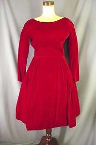Vintage 50s Bombshell Red Velvet Full Skirt Dress Sz S B 36, W 26 