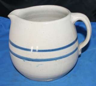 Vtg Stoneware Crock 1 Gallon Pitcher w/ blue stripes  