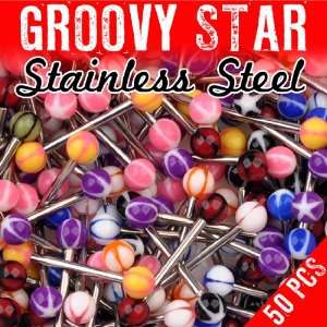  LOT of 50 Assortment Color Groovy Star Tongue Ring Barbell 