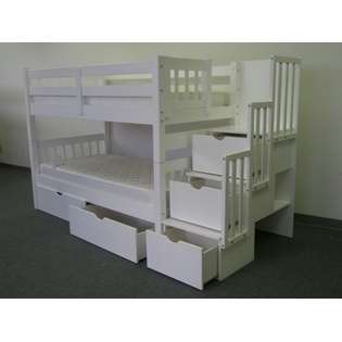 Bedz King Stairway Bunk Bed Twin over Twin in White with 3 Drawers 